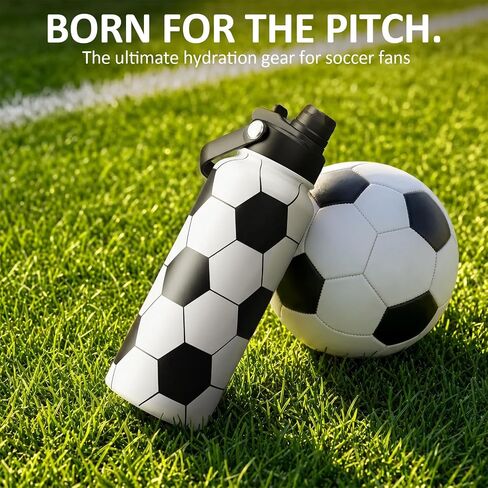 32oz Soccer Insulated Water Bottle 24H Cold Flask with a 2-in-1 Lid | 18/8 Stainless Steel Sweat-Proof Jug for Soccer Matches and Gym Training with a Soft Handle and a Braided Rope Strap in Kuwait
