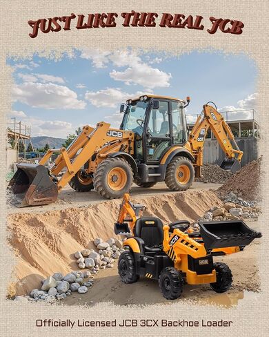 ألعاب ركوب الحفارة الأولى JCB 3CX المرخصة 24 فولت للأطفال، لعبة حفار خلفي مع مقعد قابل للعكس، أذرع أمامية وخلفية قابلة للإزالة، جهاز تحكم عن بعد، سيارة بناء كهربائية للأولاد والبنات (24 فولت) in Kuwait
