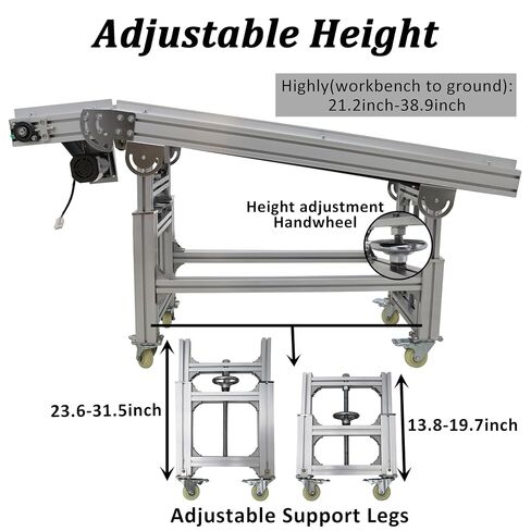 TECHTONGDA PVC Inclined Conveyor Belt System Motorized Length 47.2Inch Width 11.8Inch Aluminum Frame Adjustable Speed 13-65ft/min Height 21.2-38.9Inch Load 66-88LBS 110V/120w in Kuwait