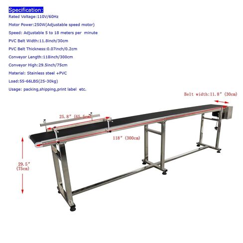 Electric PVC Belt Conveyor Adjustable Automatic Speed Desktop Conveyor Machine Stainless Steel Industrial Transport Machine with Double Guardrails, 118"x 11.8", 250W, 110V, Black in Kuwait