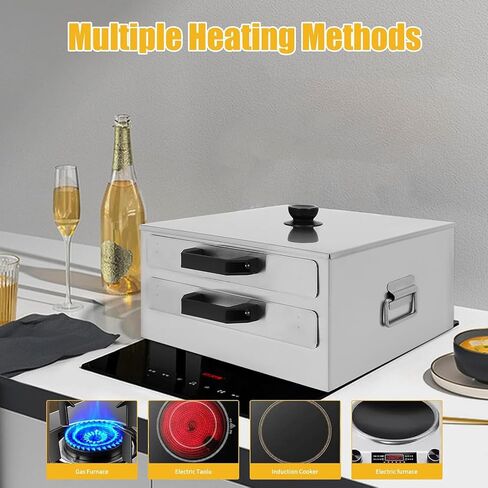 GYPSYFY Commercial 304 Stainless Steel Rice Noodle Roll Steamer, 2 Tier Drawer Changfen Maker with Tray Scraper, Banh Cuon Steamer for Gas Stove Induction Cooktop in Kuwait