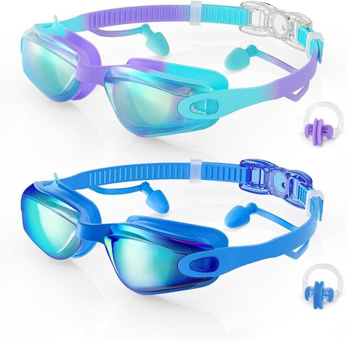 Aegend Kids Swim Goggles 2-Pack, Anti-Fog/UV Swimming Glasses for Boys Girls Ages 3-15, Pool Goggles with Earplugs Nose Clip in Kuwait