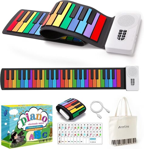 AIVANONE 49 Key Roll Up Piano، لوحة مفاتيح سيليكون محمولة للسفر للأطفال | بيانو محمول قابل للطي، لوحة مفاتيح سيليكون USB-C قابلة لإعادة الشحن، سماعة رأس مقاومة للماء، مثالية للسفر للأطفال المبتدئين in Kuwait