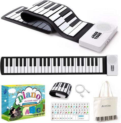 AIVANONE 49 Key Roll Up Piano، لوحة مفاتيح سيليكون محمولة للسفر للأطفال | بيانو محمول قابل للطي، لوحة مفاتيح سيليكون USB-C قابلة لإعادة الشحن، سماعة رأس مقاومة للماء، مثالية للسفر للأطفال المبتدئين in Kuwait
