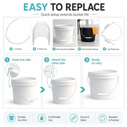 MAGICLULU 10pcs Plastic Bucket Handle Strap, Comfortable Grip Replacement for Portable Pails, Metal Wire Bail Grip Attachment for Home Cleaning, Gardening Utility Barrel, Mop Pail Tool, White in Kuwait