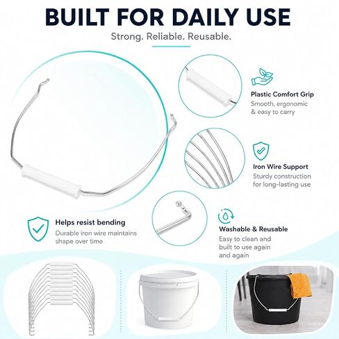 MAGICLULU 10pcs Plastic Bucket Handle Strap, Comfortable Grip Replacement for Portable Pails, Metal Wire Bail Grip Attachment for Home Cleaning, Gardening Utility Barrel, Mop Pail Tool, White in Kuwait