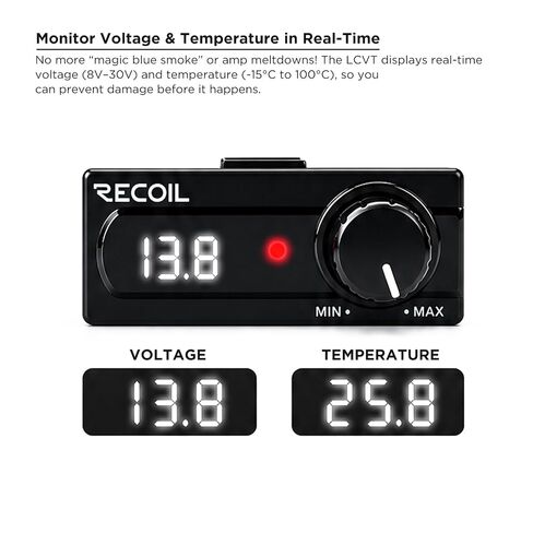 RECOIL LCVT وحدة تحكم مستوى RCA عالمية مع عرض الجهد ودرجة الحرارة - مقبض التحكم في مكبر الصوت داخل لوحة القيادة، ومقياس الفولتميتر الرقمي، ومقياس الحرارة، ومفتاح تشغيل/إيقاف تشغيل تعزيز الجهير عن بعد in Kuwait