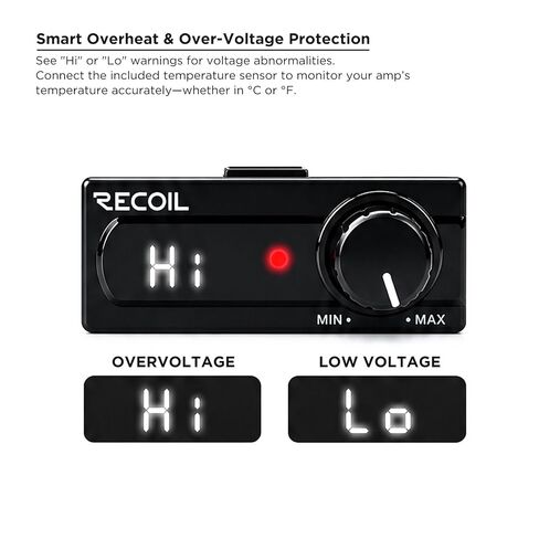 RECOIL LCVT وحدة تحكم مستوى RCA عالمية مع عرض الجهد ودرجة الحرارة - مقبض التحكم في مكبر الصوت داخل لوحة القيادة، ومقياس الفولتميتر الرقمي، ومقياس الحرارة، ومفتاح تشغيل/إيقاف تشغيل تعزيز الجهير عن بعد in Kuwait