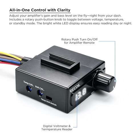 RECOIL LCVT وحدة تحكم مستوى RCA عالمية مع عرض الجهد ودرجة الحرارة - مقبض التحكم في مكبر الصوت داخل لوحة القيادة، ومقياس الفولتميتر الرقمي، ومقياس الحرارة، ومفتاح تشغيل/إيقاف تشغيل تعزيز الجهير عن بعد in Kuwait