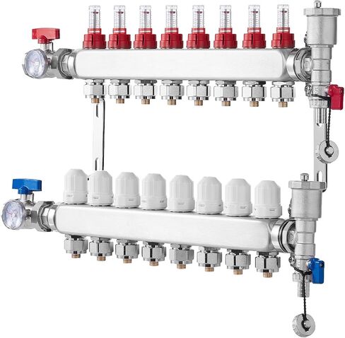 8-Branch Radiant Heat Manifold 1/2" PEX Tubing Floor Heating Manifold Set Product Parameters: This radiant heat manifold features 8 branches, 1-inch NPT supply and return ball valves, and supports a in Kuwait