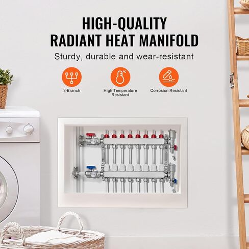 8-Branch Radiant Heat Manifold 1/2" PEX Tubing Floor Heating Manifold Set Product Parameters: This radiant heat manifold features 8 branches, 1-inch NPT supply and return ball valves, and supports a in Kuwait