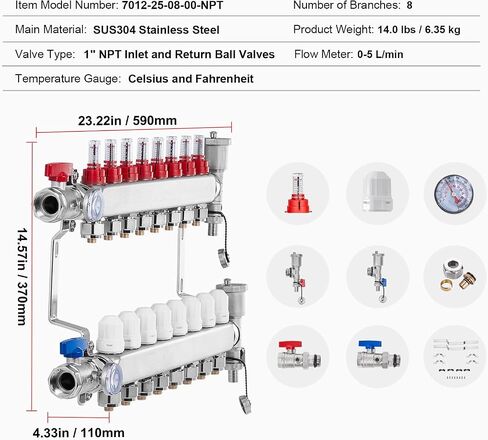 8-Branch Radiant Heat Manifold 1/2" PEX Tubing Floor Heating Manifold Set Product Parameters: This radiant heat manifold features 8 branches, 1-inch NPT supply and return ball valves, and supports a in Kuwait