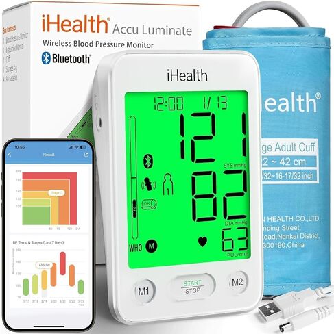 جهاز قياس ضغط الدم iHealth Accu - شاشة LCD كبيرة مقاس 4.5 بوصة (أسود)، دقيق سريريًا، تنبيه لعدم انتظام ضربات القلب، اكتشاف الجسم والأساور، مزامنة بلوتوث، سوار كبير مقاس 8.6 بوصة - 17 بوصة - سهل لكبار السن والبالغين in Kuwait