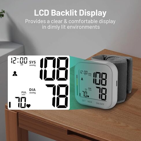 Blood Pressure Monitor Rechargeable Monitors for Home Use Large LCD Display Adjustable Wrist Cuff 4.92-8.46 Inch Machine 240 Sets Memories with Carrying Case in Kuwait