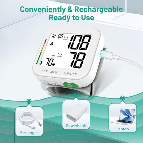 Blood Pressure Monitor Rechargeable Monitors for Home Use Large LCD Display Adjustable Wrist Cuff 4.92-8.46 Inch Machine 240 Sets Memories with Carrying Case in Kuwait