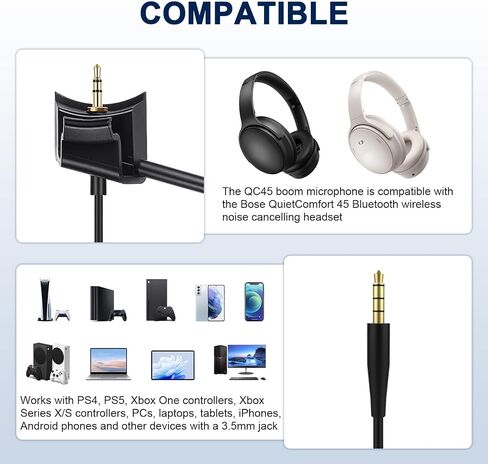 QC45 Microphone Compatible with Bose QC45 Wireless Noise Cancelling Headphones, Boom Gaming Microphone Cable with Mute Switch for PS4, PS5, PC, Xbox One Controller (QC45 Boom Mic, 3.5mm Y-Splitter) in Kuwait