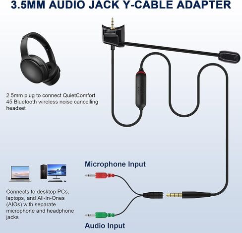 QC45 Microphone Compatible with Bose QC45 Wireless Noise Cancelling Headphones, Boom Gaming Microphone Cable with Mute Switch for PS4, PS5, PC, Xbox One Controller (QC45 Boom Mic, 3.5mm Y-Splitter) in Kuwait
