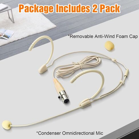 2 Pack Professional Headset/Headworn Microphone Omni-Directional Hanging Condenser Over-Ear TA4F Mini XLR Mic for Shure Hands-Free Microphone with Windscreen,Beige Low Profile Light-Weight in Saudi Arabia