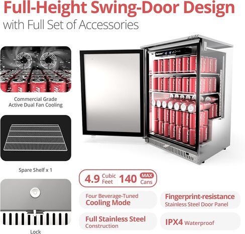 24 Inch Outdoor Beverage Refrigerator, 140 Can Built-In Beverage Fridge with 21-Inch Shallow Depth, 26°F Sub-Zero Fridge, Dual-Fan Cooling, Full SUS304 for Patio & Outdoor Kitchen in Kuwait