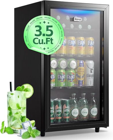 WANAI Beverage Refrigerator Cooler 3.5 Cu.Ft, 120 Can Mini Small Fridge with Glass Door LED Light and Adjustable Shelves for Soda Beer or Wine, Perfect for Home Bar Office, Black in Kuwait