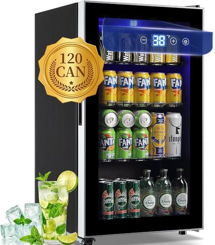 WANAI Beverage Refrigerator Cooler 3.5 Cu.Ft, 120 Can Mini Small Fridge with Glass Door LED Light and Adjustable Shelves for Soda Beer or Wine, Perfect for Home Bar Office, Black in Saudi Arabia