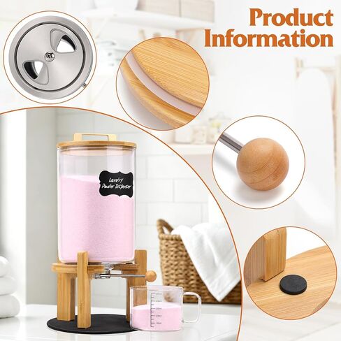 Roetell Laundry Detergent Dispenser,Glass Laundry Powder Dispenser with Bamboo Base，Suitable for Scent Beads and Powdered Laundry Detergents in the Laundry Room，Capacity: 4L/8lb/128oz in Kuwait