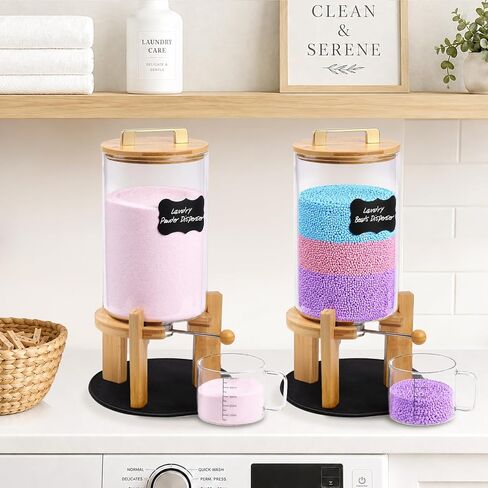 Roetell Laundry Detergent Dispenser,Glass Laundry Powder Dispenser with Bamboo Base，Suitable for Scent Beads and Powdered Laundry Detergents in the Laundry Room，Capacity: 4L/8lb/128oz in Kuwait