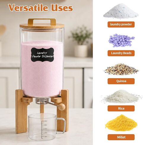 Roetell Laundry Detergent Dispenser,Glass Laundry Powder Dispenser with Bamboo Base，Suitable for Scent Beads and Powdered Laundry Detergents in the Laundry Room，Capacity: 4L/8lb/128oz in Kuwait