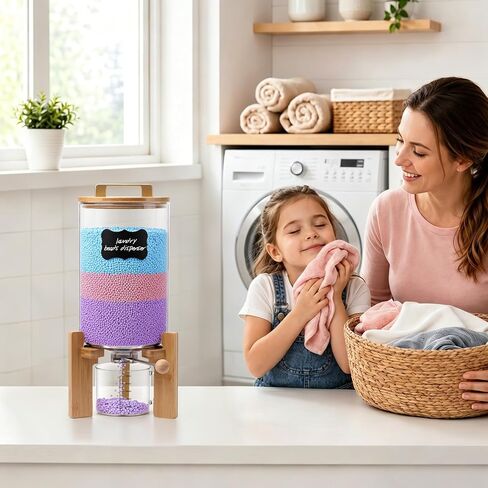 Roetell Laundry Detergent Dispenser,Glass Laundry Powder Dispenser with Bamboo Base，Suitable for Scent Beads and Powdered Laundry Detergents in the Laundry Room，Capacity: 4L/8lb/128oz in Kuwait