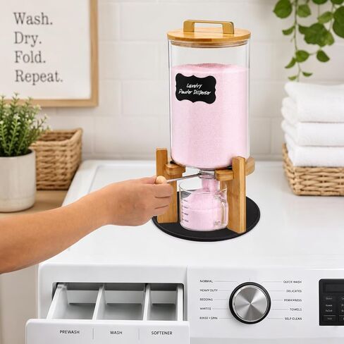 Roetell Laundry Detergent Dispenser,Glass Laundry Powder Dispenser with Bamboo Base，Suitable for Scent Beads and Powdered Laundry Detergents in the Laundry Room，Capacity: 4L/8lb/128oz in Kuwait