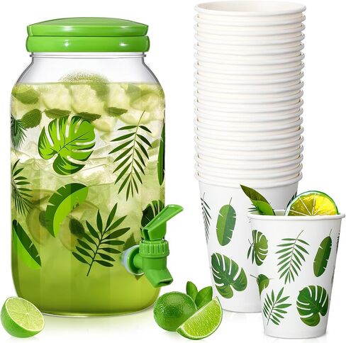 Umigy Palm Tree Clear Plastic Drink Dispenser with 20 Pcs 12 oz Tropical Paper Party Cups 1 Gallon Kitchen Fridge Beverage Dispenser Plastic Water Dispenser with Spigot for Juice Tea Beer in Kuwait