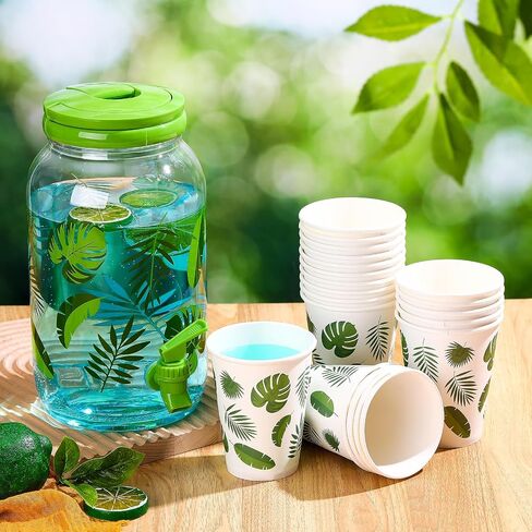 Umigy Palm Tree Clear Plastic Drink Dispenser with 20 Pcs 12 oz Tropical Paper Party Cups 1 Gallon Kitchen Fridge Beverage Dispenser Plastic Water Dispenser with Spigot for Juice Tea Beer in Kuwait
