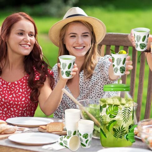 Umigy Palm Tree Clear Plastic Drink Dispenser with 20 Pcs 12 oz Tropical Paper Party Cups 1 Gallon Kitchen Fridge Beverage Dispenser Plastic Water Dispenser with Spigot for Juice Tea Beer in Kuwait