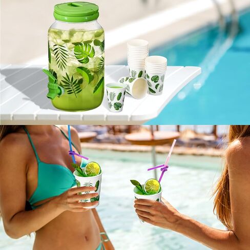 Umigy Palm Tree Clear Plastic Drink Dispenser with 20 Pcs 12 oz Tropical Paper Party Cups 1 Gallon Kitchen Fridge Beverage Dispenser Plastic Water Dispenser with Spigot for Juice Tea Beer in Kuwait