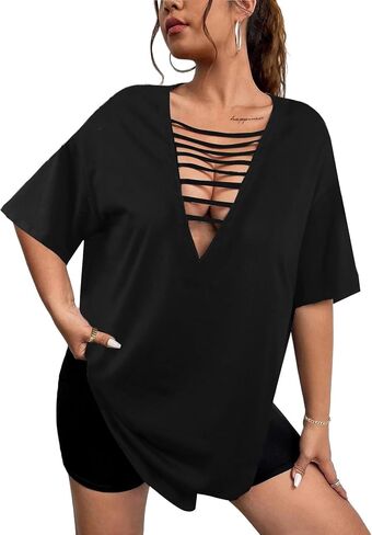 Remidoo Womens Tie صبغة كبيرة الحجم t قميص مثير قطع الأكمام قصيرة V الرقبة تي شيرت in Kuwait