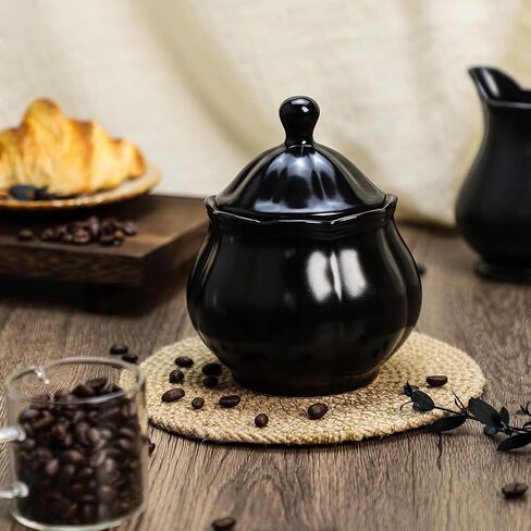 طقم كريمة ووعاء سكر من السيراميك من سوكوزي، إبريق كريم ووعاء سكر مع غطاء، مجموعة تقديم القهوة - أسود in Kuwait