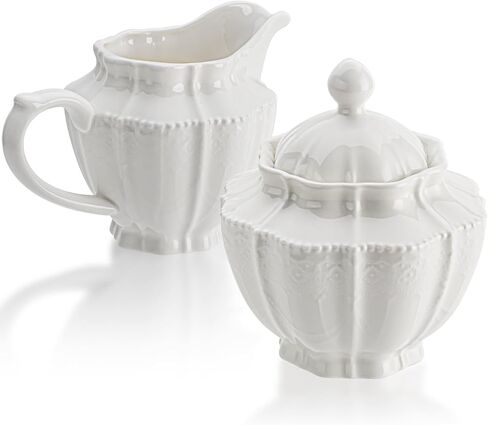 Sugar and Creamer Set,Ceramic Sugar Bowl with Lid and Cream Pitcher,Coffee Serving Set for Bar Home Kitchen Office (White, 10oz) in Kuwait