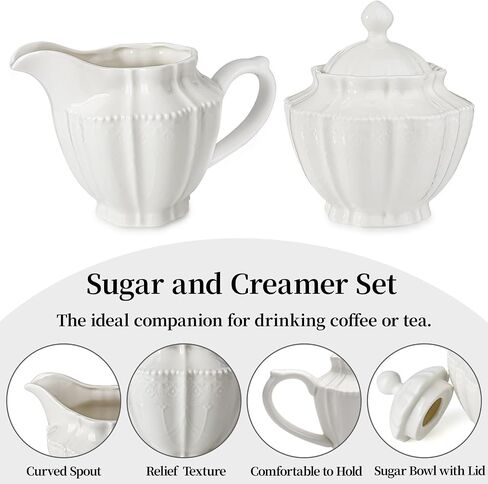 Sugar and Creamer Set,Ceramic Sugar Bowl with Lid and Cream Pitcher,Coffee Serving Set for Bar Home Kitchen Office (White, 10oz) in Kuwait