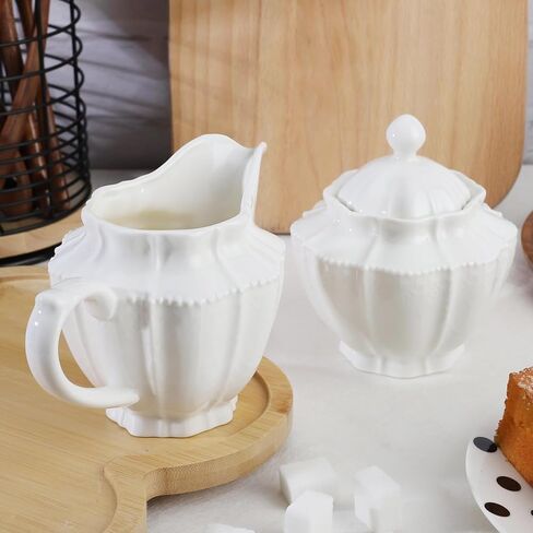 Sugar and Creamer Set,Ceramic Sugar Bowl with Lid and Cream Pitcher,Coffee Serving Set for Bar Home Kitchen Office (White, 10oz) in Kuwait