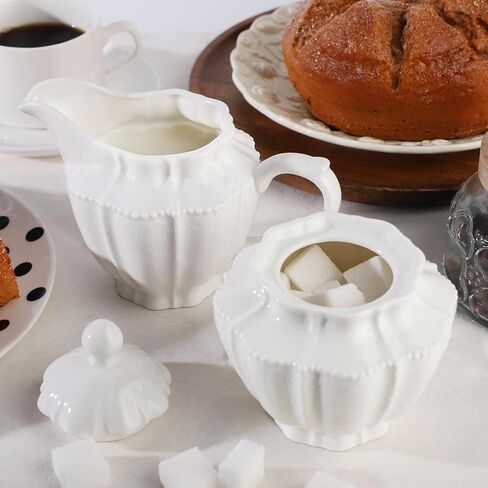 Sugar and Creamer Set,Ceramic Sugar Bowl with Lid and Cream Pitcher,Coffee Serving Set for Bar Home Kitchen Office (White, 10oz) in Kuwait