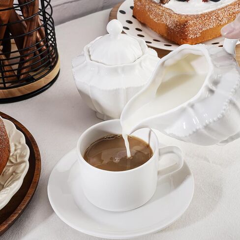 Sugar and Creamer Set,Ceramic Sugar Bowl with Lid and Cream Pitcher,Coffee Serving Set for Bar Home Kitchen Office (White, 10oz) in Kuwait