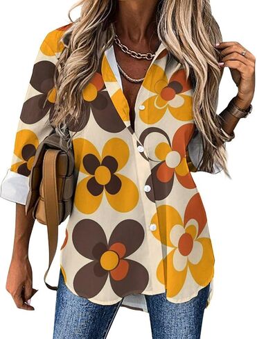 Seventies Geometric Vintage Pattern Flower Women's Button Down Shirts Casual Long Sleeve Stylish V Neck Blouses Tops in Kuwait