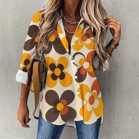 Seventies Geometric Vintage Pattern Flower Women's Button Down Shirts Casual Long Sleeve Stylish V Neck Blouses Tops in Saudi Arabia