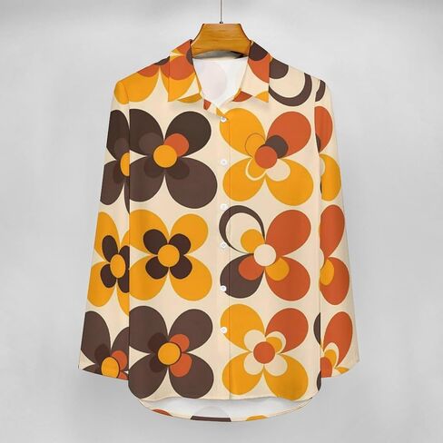 Seventies Geometric Vintage Pattern Flower Women's Button Down Shirts Casual Long Sleeve Stylish V Neck Blouses Tops in Saudi Arabia