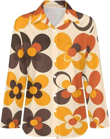 Seventies Geometric Vintage Pattern Flower Women's Button Down Shirts Casual Long Sleeve Stylish V Neck Blouses Tops in Saudi Arabia