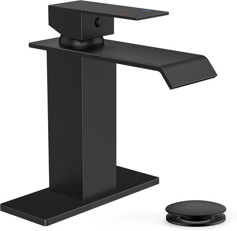 FORIOUS Bathroom Faucets 3 Hole, Matte Black 8 Inch Widespread Bathroom Sink Faucet Waterfall Spout, with Pop Up Drain and Water Supply, Suitable for Vanity Rv Commercial Lavatory Restroom in Kuwait