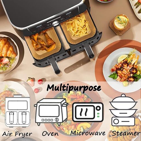 Chefman Air Fryer Slim 3.5 QT Airfryer Paper Liners for Dual Zone Basket, 200pcs Rectangle Disposable Inserts for 8-10 qt 2-Basket (9'' x 6'' on Top) in Kuwait