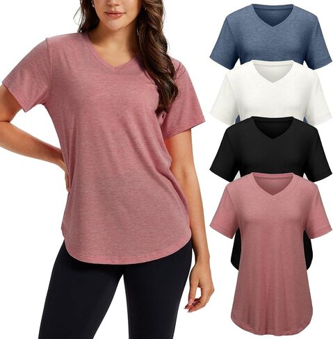 4 Pack Womens Short Sleeve V Neck T Shirts Basic Tee Casual Loose Fit Tops Flowy Curved Hem Outfits Clothes in Saudi Arabia