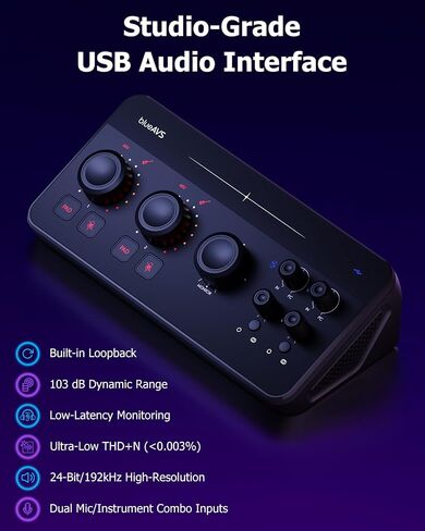 blueAVS (blueCaster TWO) واجهة صوت USB - واجهة تسجيل استوديو 24 بت/192 كيلو هرتز، USB-C و48 فولت Phantom Power ASIO Driver للجيتار والبودكاست والاستديو المنزلي DAW والبث والبث الصوتي in Kuwait