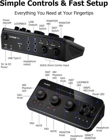 blueAVS (blueCaster TWO) واجهة صوت USB - واجهة تسجيل استوديو 24 بت/192 كيلو هرتز، USB-C و48 فولت Phantom Power ASIO Driver للجيتار والبودكاست والاستديو المنزلي DAW والبث والبث الصوتي in Kuwait